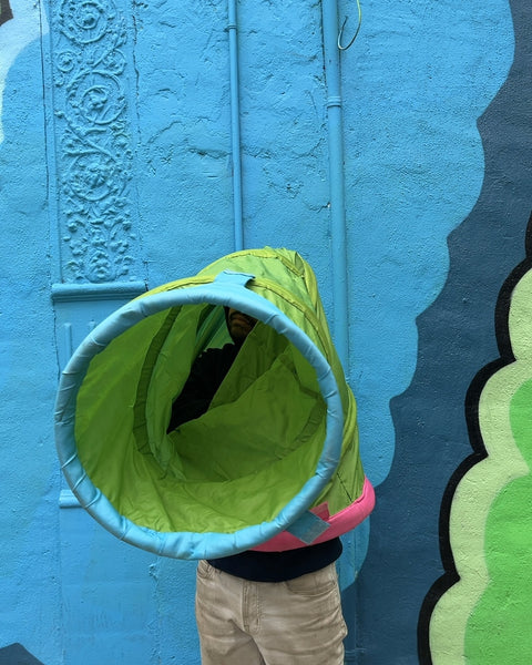 Green Play Tunnel with Pink and Blue Trim