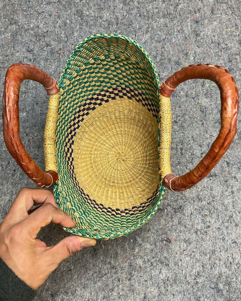 Woven Basket Tote with Leather Handles