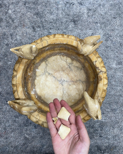 Carved Alabaster Pedestal Bird Bath Compote Bowl with Doves, 9 x 6 in
