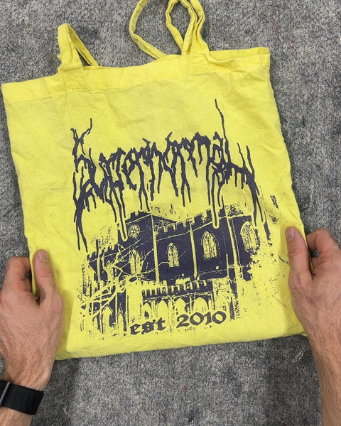 Yellow Graphic Print Heavy Metal Font Tote Bag