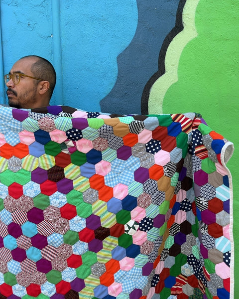 Very Pretty Handmade Hexagon Patchwork Quilt With One Stain In The Back, 60x90"