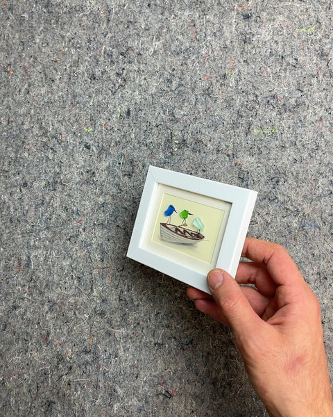 Super Cute Birds Made Out Of Glass On a Boat Framed Art, 4x5"
