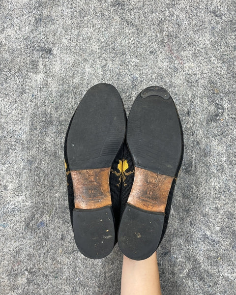 Black and Gold Embroidered Loafers, Sz US 8.5W