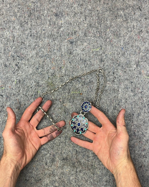 Silver Tone Chain Necklace with Blue and Teal Stone Pendant