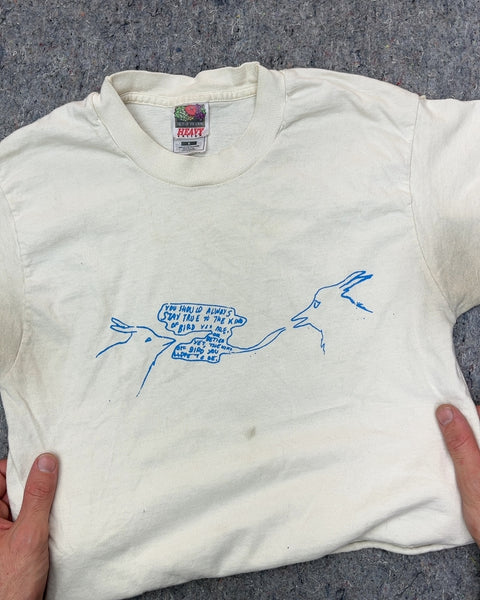 White Graphic T-Shirt Of A Deep Discussion Between 2 Birds, Size S