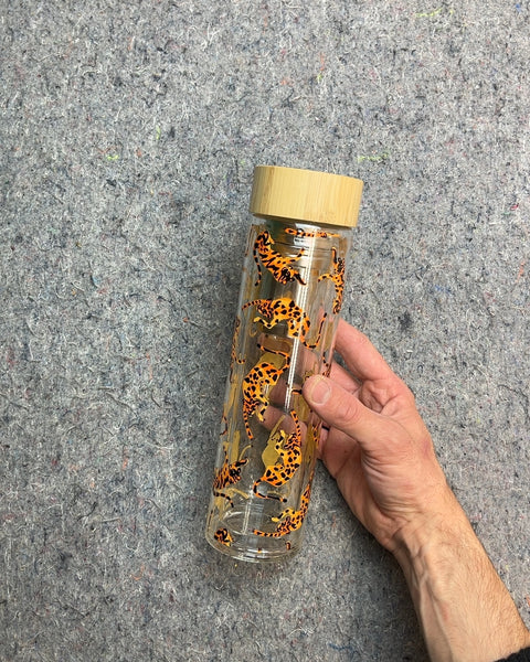 Glass Water Bottle with Leopard Print and Tea Infuser