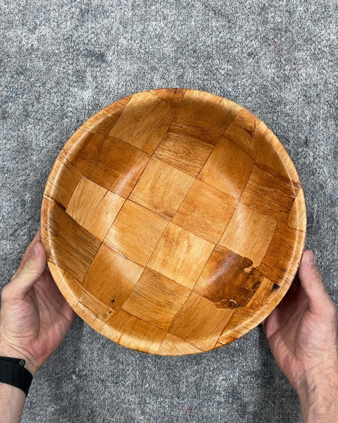 Wooden Checkered Round Serving Bowl, 12"