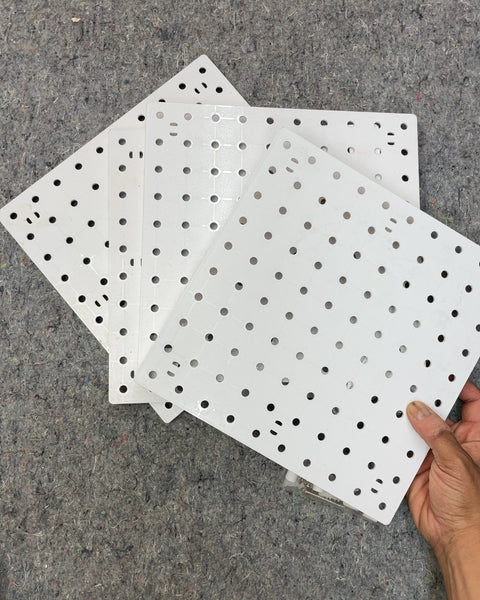 4 White Pegboard Panels, 1x10" with Metal Hooks & Hardware