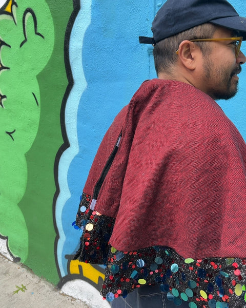 Red Poncho Costume with Colorful Sequin Trim