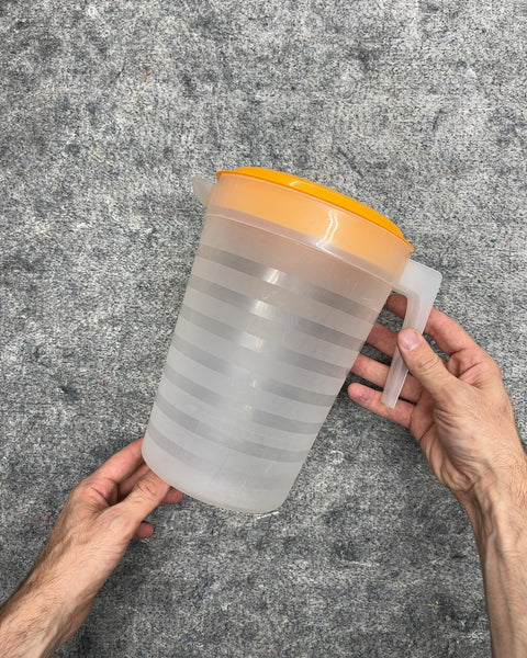 Frosted Striped Plastic Beverage Pitcher with Yellow Lid