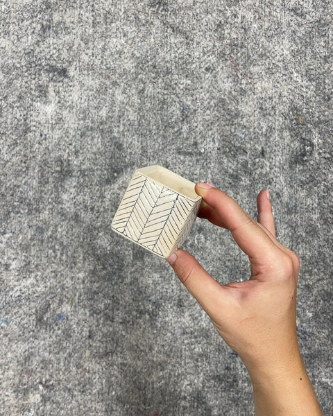 Tiny White Ceramic Planter with Black Herringbone Pattern, 2 in