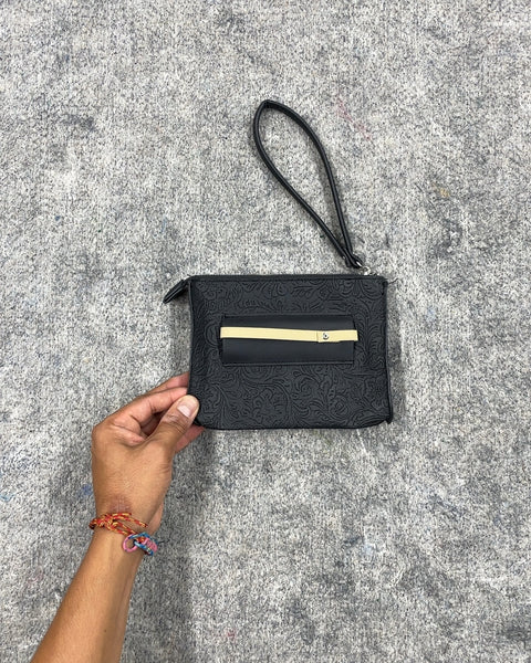 Black Floral Embossed Wristlet Pouch
