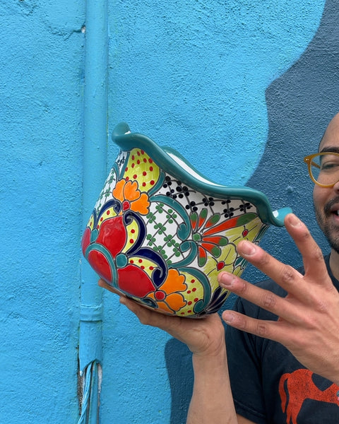 Very Pretty Mexican Floral Ceramic Planter, W10"