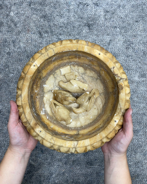 Carved Alabaster Pedestal Bird Bath Compote Bowl with Doves, 9 x 6 in