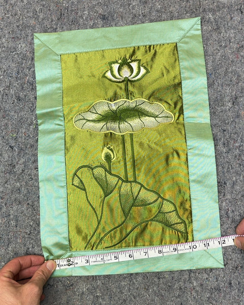 Green Lotus Flower Embroidered Wall Hanging, 12x18"