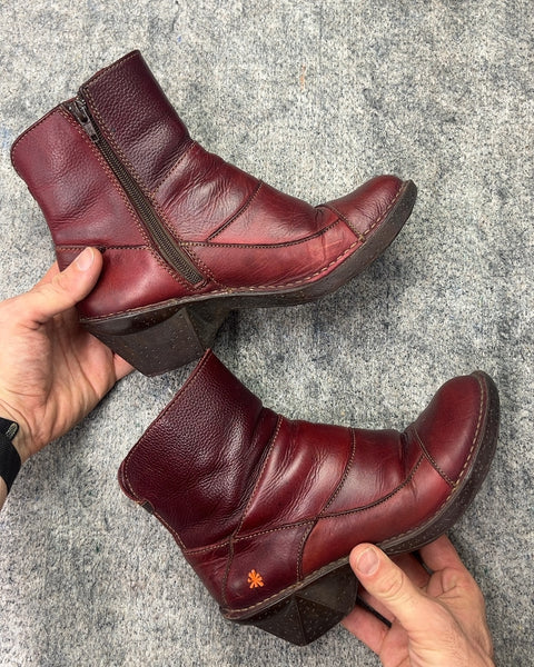 Art Rich Brown Leather Patchwork Zip Up Heeled Ankle Boots, Size EU 37