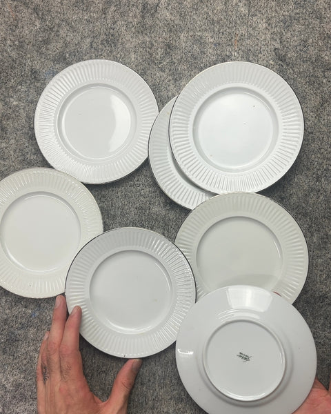 Set of 7 White Dessert Plates with Ribbed Edges