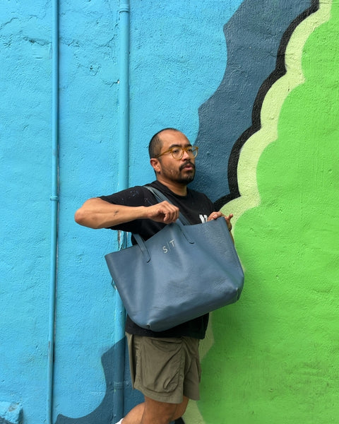 Mark & Graham Blue Leather Tote Bag For Someone With S T Initials