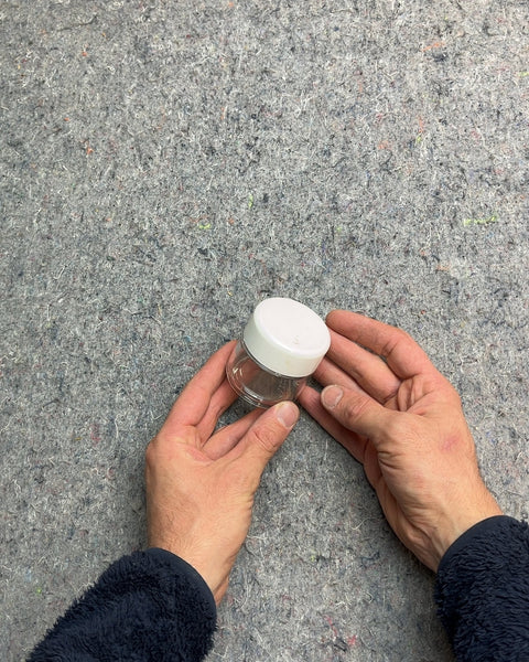 Small Glass Jar with White Lid That You Have To Push Down Before It Can Open So Perfect For Pills