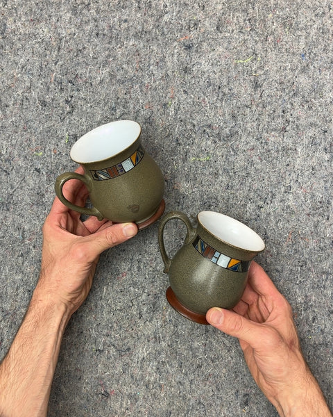 Denby Pottery Green Mugs with Geometric Pattern