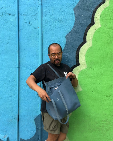 Mark & Graham Blue Leather Tote Bag For Someone With S T Initials