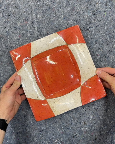 Pretty Handmade Orange and White Square Ceramic Serving Plate, 10x10"