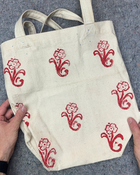 Canvas Tote Bag with Red Floral Print