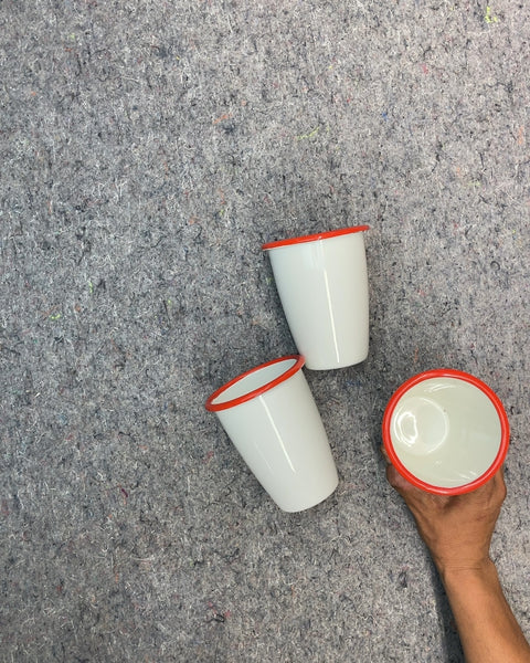 Large Enamelware Cups with Red Rim