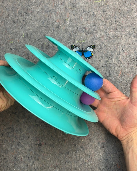 Teal Tiered Cat Toy with Butterfly and Balls