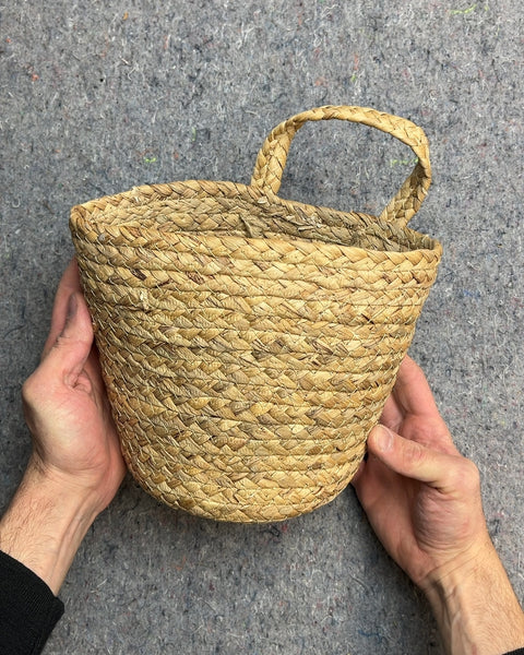 Woven Straw Basket with Handle, H7"