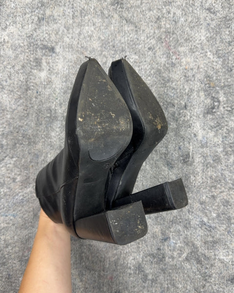 Black Pointed Toe Block Heel Ankle Boots, Sz US 7.5W EU 37.5
