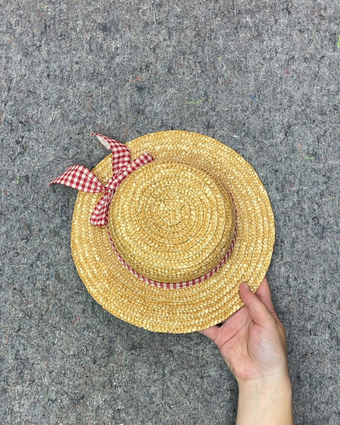 Small Straw Boater Hat with Red Gingham Ribbon, Sz 50cm