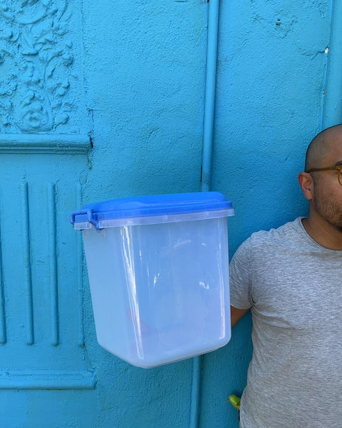 Clear Plastic Storage Container with Blue Lid