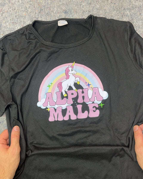 Black Alpha Male Unicorn Graphic T-Shirt, Size XXL But More Like A L Really