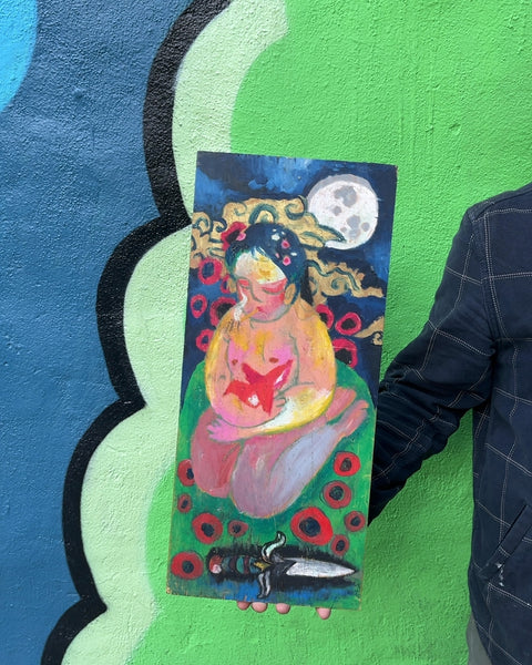 Woman with Red Bird Painting On Wood, 10x20"