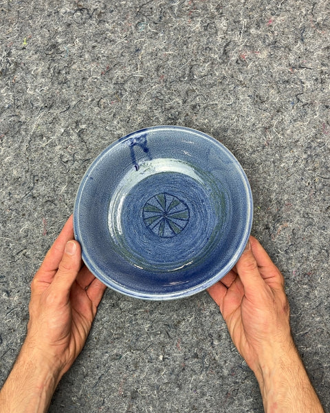 Very Pretty Blue Ceramic Bowl with Geometric Design, 8"
