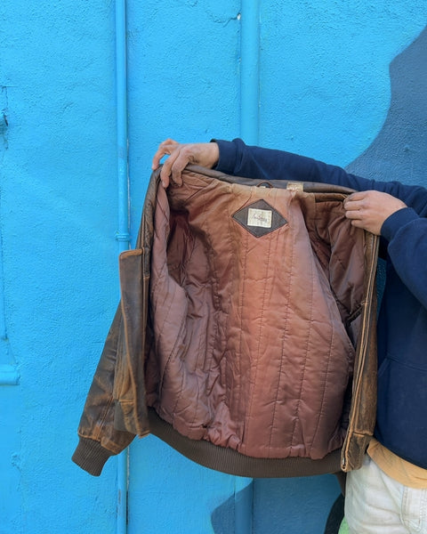 Vintage Adam Spencer Distressed Brown Leather Bomber, Size 40