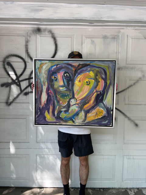 Cool Abstract Art Framed Painting By Anne Jacobson From 1982, 34 x 28 in