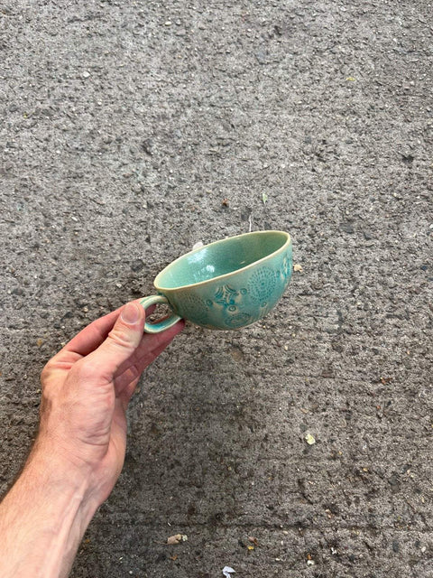 Anthropologie Shallow Turquoise Ceramic Tea Cup