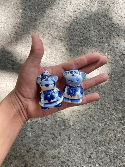 Blue Ceramic Monkey Figurines