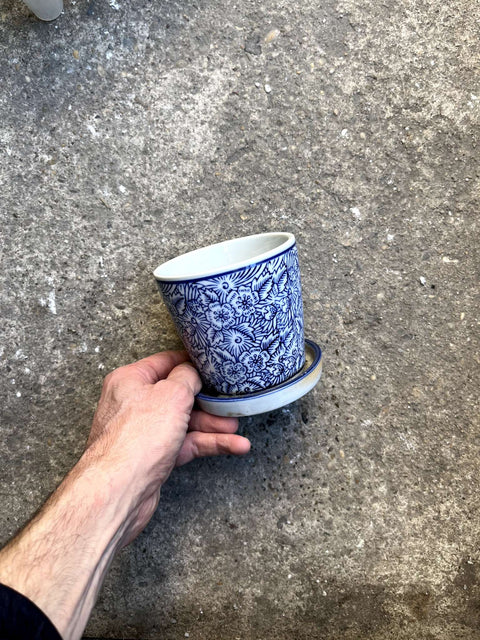 Blue Floral Pot with Saucer