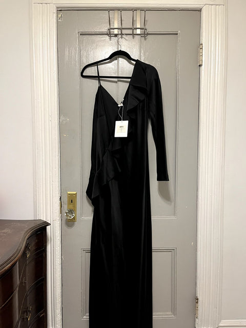 Brand New Diane Von Furstenberg Black Satin Ruffled One-Shoulder Long Dress, Size 14