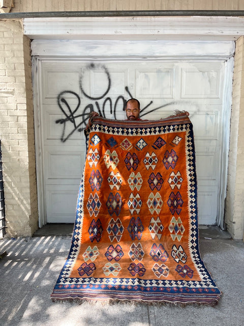 Beautiful Orange Geometric Patterned Kilim Rug With Some Wear, 55x100"