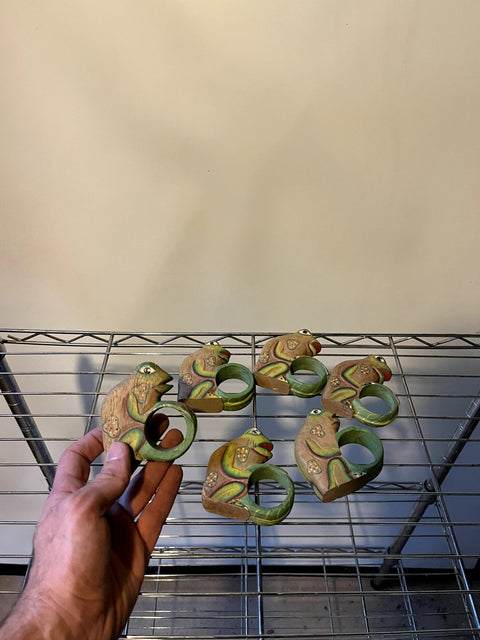 Carved Wooden Frogs Napkin Rings Set