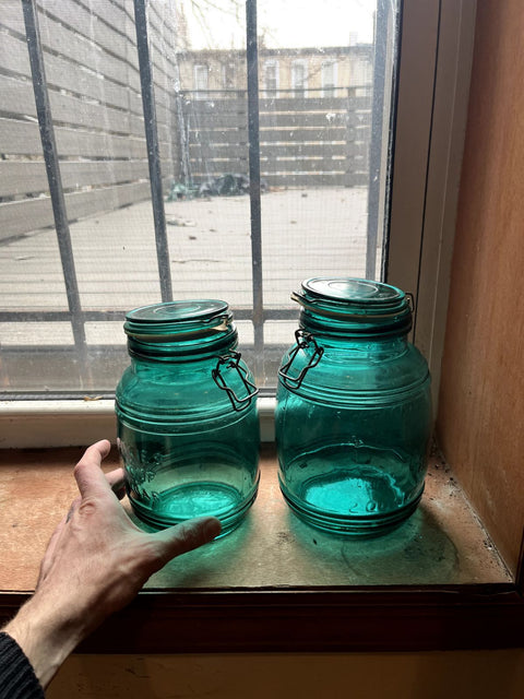 Cracker Barrel-style Green Glass Cookie/Flour/Sugar Canisters