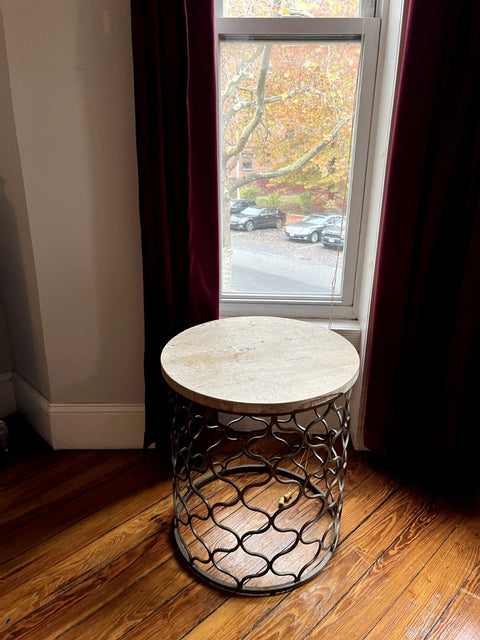Cream Stone Round End Table, W20xH22"