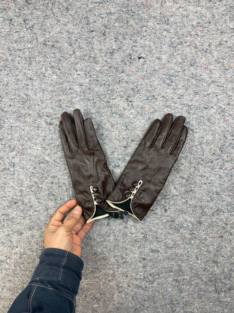 Elegant Brown Leather Gloves, Sz S/M