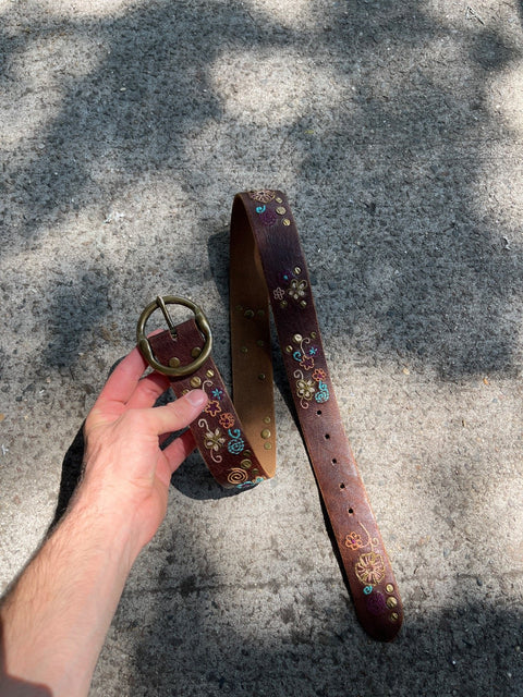 Embroidered Leather Belt, 40" Long