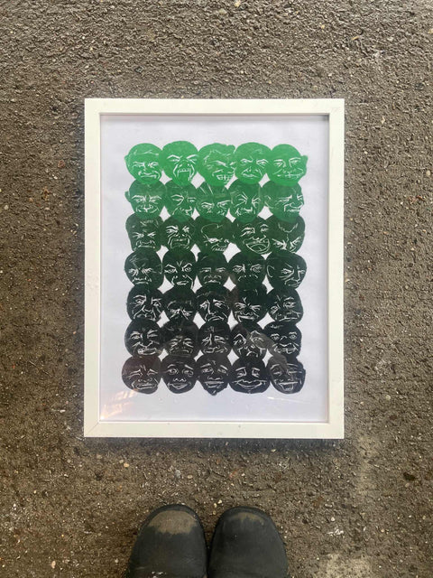 Faces in Green and Black Print & Frame