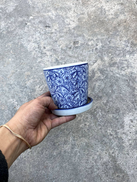 Floral Ceramic Pot with Saucer and Drainage